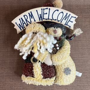 Christmas “Warm Welcome” Door Hanger – Santa & Snowman Holding Hands, Holiday